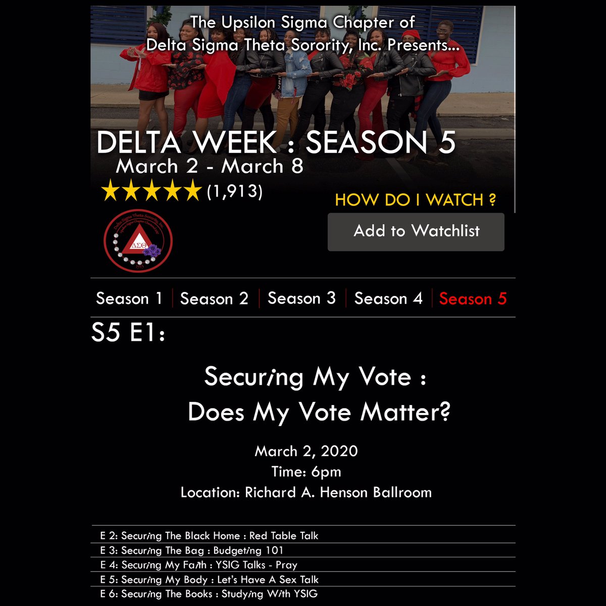 upsilonsigmadst's tweet photo. It’s Delta Week ‼️ This season on Delta Week..... Tune in at 6pm EST for “Does My Vote Matter?” Come learn and gain knowledge on primary elections with U.S.#Deltasontheshore #Deltaweek2020 #UMES https://t.co/toUiqsL23A