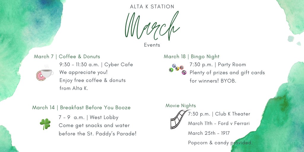 AltaKStation's tweet photo. There's lots of fun stuff happening at #AltaK this month! ☘️ Join us for free coffee &amp; donuts, movie nights, breakfast before the St. Patty's Day Parade and more! ✨ https://t.co/eCsygE9KEo