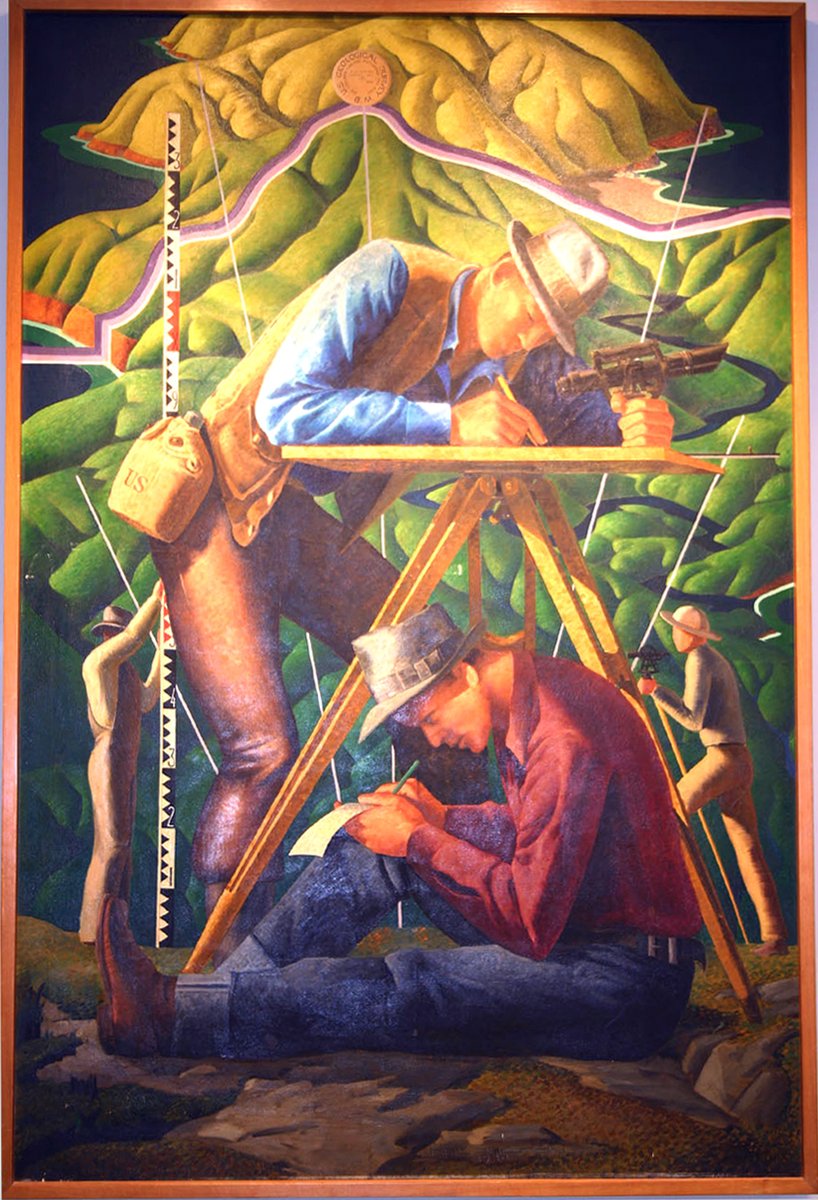 USGS's tweet photo. Cartographers in the Field - Depression-era oil painting by USGS field man Hal Shelton, 1940 https://t.co/Sb7MY699lV #mappingmonday https://t.co/H0FfUPOnG2