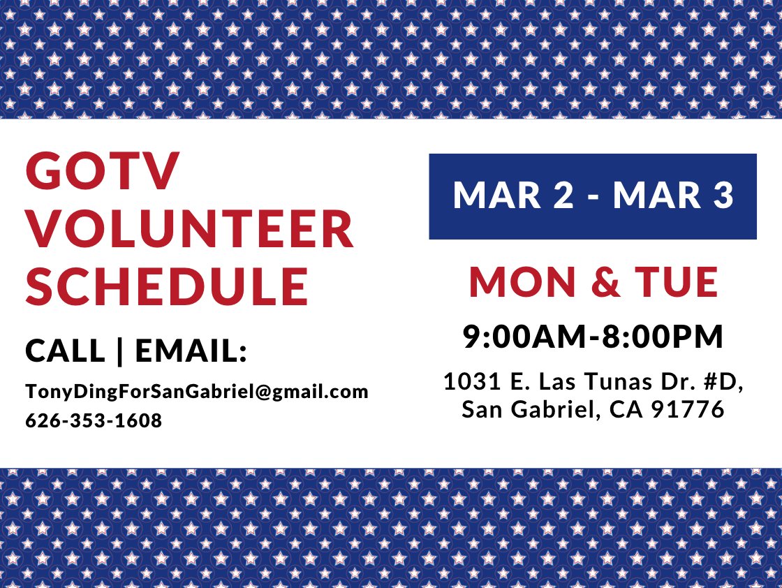 CouncilmanDing's tweet photo. VOLUNTEERS NEEDED: TOMORROW is ELECTION DAY! It's time to GET OUT THE VOTE for Tony Ding for San Gabriel City Council! 

We need CANVASSERS and PHONE BANKERS for TODAY AND TOMORROW from 9 AM to 8 PM! Contact us at 626-353-1608 or TonyDingForSanGabriel@gmail.com to get involved! https://t.co/Xi0kP6Xmp4