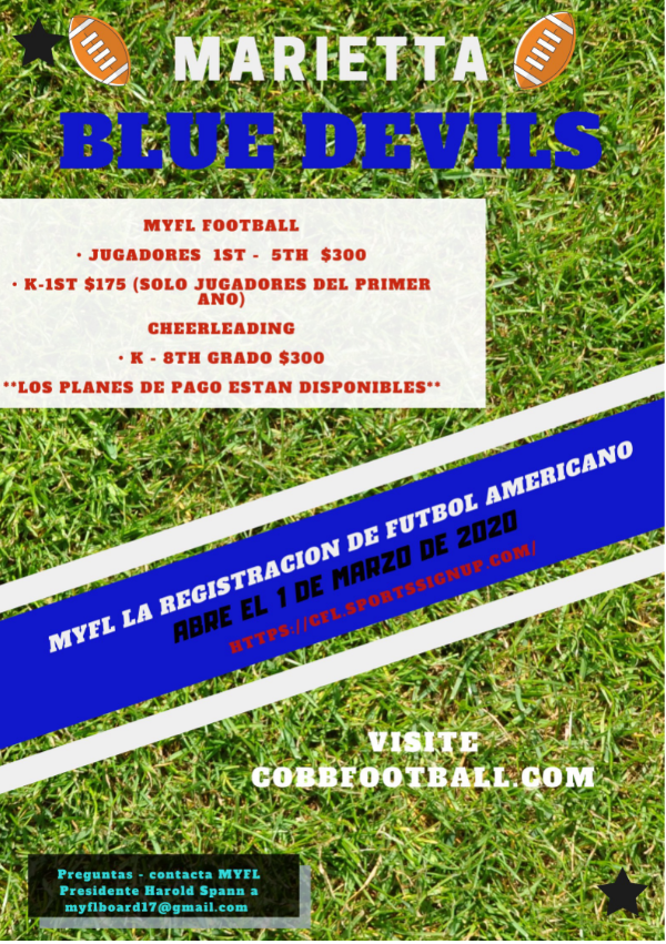 LockheedElem's tweet photo. The Marietta Youth Football and Cheer registration for Fall 2020 opened on March 1st! #GoBigBlue
🏈📣 https://t.co/8Lhijo4mCz
