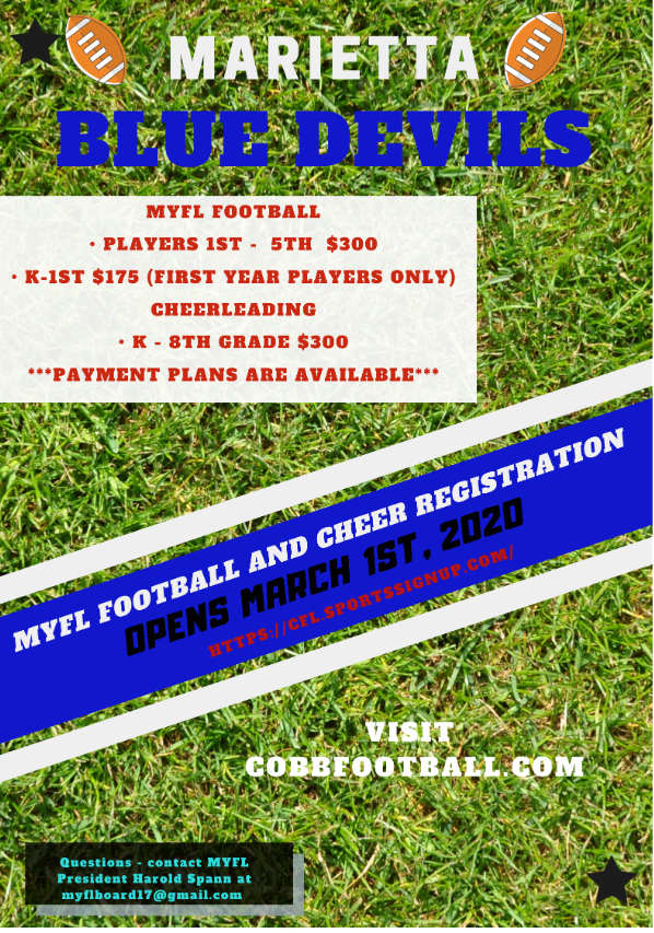 The Marietta Youth Football and Cheer registration for Fall 2020 opened on March 1st! #GoBigBlue
🏈📣