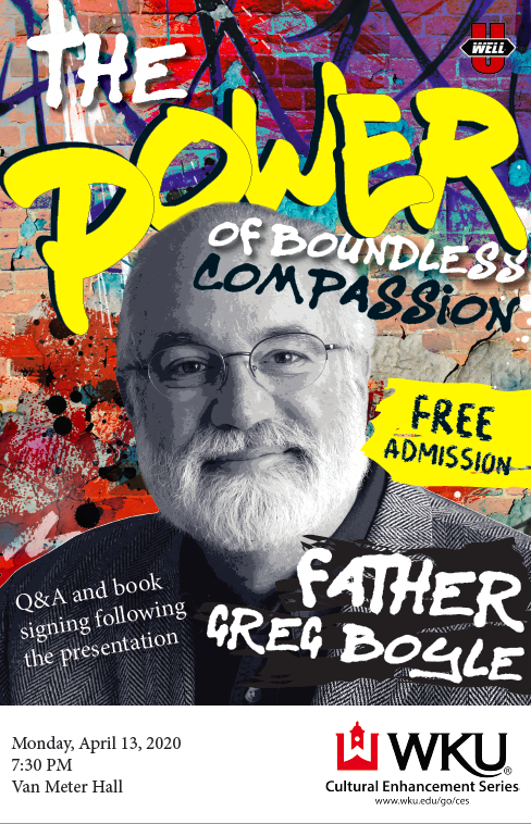 wkuces's tweet photo. For the first time, WKU welcomes Father Greg Boyle of Homeboy Industries! He has helped to rehabilitated countless former gang members in California. Come see him speak about the power of boundless compassion at this free event on April 13! #FreeEvent #Community #WKUEvent https://t.co/IyPuPBuJDK