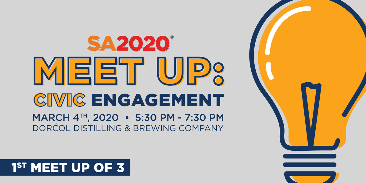 SA2020's tweet photo. We hope to see you at our first Meet Up of the year on Wednesday! Join us for conversation around Civic Engagement and San Antonio's Community Vision, drinks by @DorcolSpirits, music by DJ Novasoul, and food by Sage + Honey! https://t.co/bWUhAE9JRy #SATX https://t.co/GPaFPYsFUL