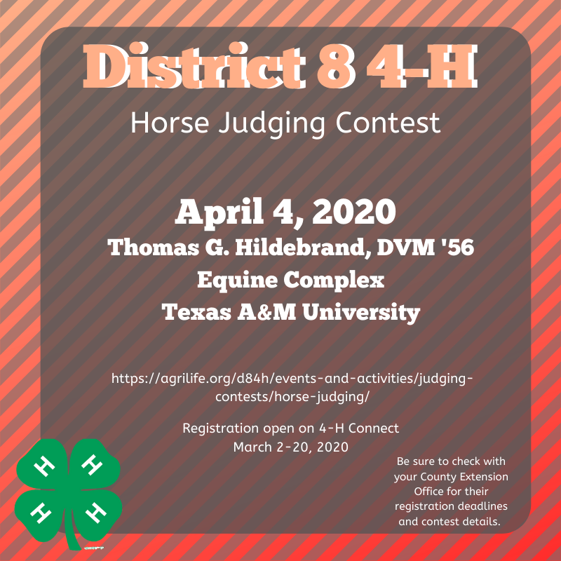 Registration for the District 8 4-H Fashion contests is now live! 

Be sure to check with your County Extension Office for their contest dates &amp; registration deadlines. 

#4HHorse
#growtrueleaders