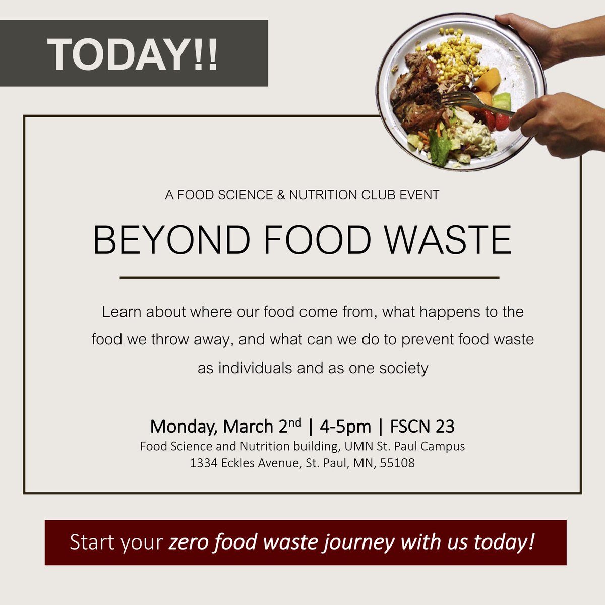 FSCN_UMN's tweet photo. Be sure to stop by FSCN 23 at 4 PM for this great event hosted by the FSCN Club!

#FoodWaste #Sustainability https://t.co/YNf60NXQHZ