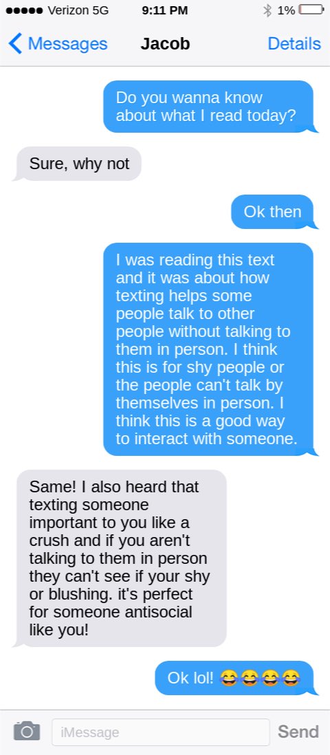 54Mr_Meyer's tweet photo. Is your smartphone making you shy? In #litaccel @CollinsSchool54 students analyzed and investigated a text on @activelylearn and created “fake” text messages to show their comprehension of the #centralidea. #edtech #shakeuplearning https://t.co/18kjBnZQ2m
