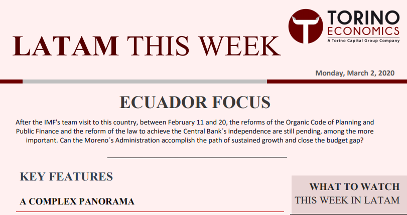 After the IMF's team visit to this country, between February 11 and 20, the reforms of Public Finances and Central Bank's law, to achieve its independence, are still pending among the more important. 

#TorinoCapital #LatAmThisWeek #Ecuador