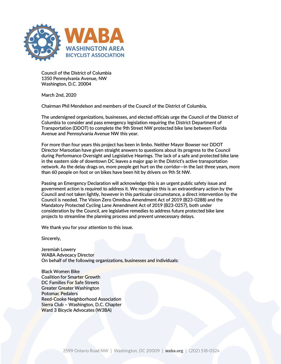 WABADC's tweet image. More than 50 ANC Commissioners, local business owners, &amp;amp; WABA call on the DC Council to pass emergency legislation tomorrow. Safe streets can't wait. @councilofdc @ChmnMendelson @AnitaBondsDC @CM_McDuffie @RobertWhite_DC @CMBrandonTodd @BrianneKNadeau