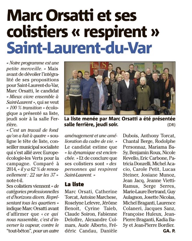 JeromeBenoit06's tweet photo. 🗞#Slv06 : La liste de @MarcOrsatti à été présenté jeudi 27/02 en #SalleFerriere. (Article NiceMatin) 

« Mieux Vivre Ensemble a #SaintLaurentDuVar » 100% Transition Écologique - Avec le soutien de @yjadot #EELV  

Prochaine réunion publique le 09/03 prochain en Salle Ferriere https://t.co/Lb2KR4C5Wy