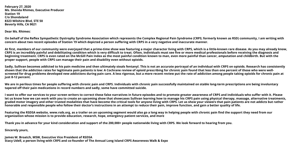 Please take a moment to read and share the letter #RSDSA has sent to <a href="/Shondaland/">shondaland tv</a> regarding <a href="/Station19/">Station 19</a>'s portrayal of #CRPS.

You can also view the full letter on Facebook here: bit.ly/3amfSp0