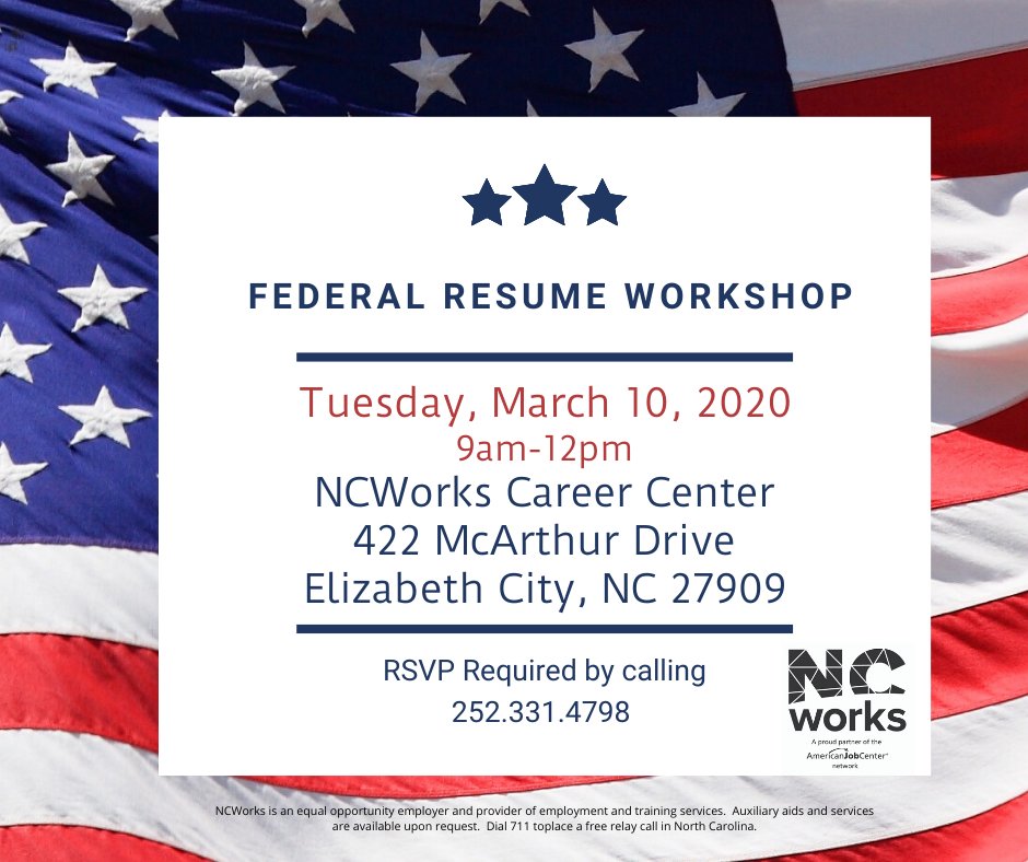 You are invited #Veterans to attend a free federal resume workshop at our NCWorks Career Center in Elizabeth City, NC..call 252-331-4798 today to RSVP. #employment