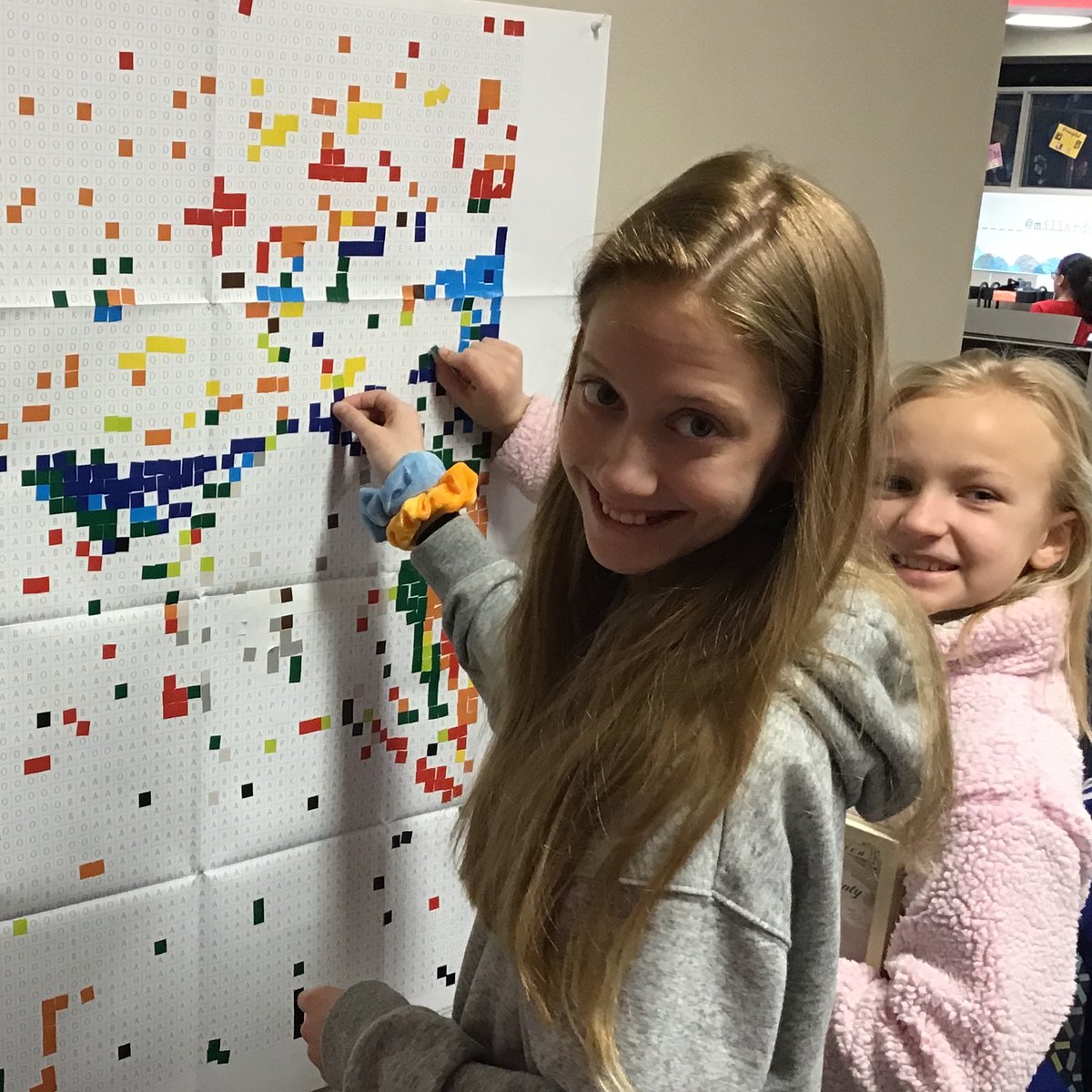 sasvacina's tweet photo. We are working on a new collaborative sticker mural in the library! Can you tell what it is? #LoveMPSLibrary #Proud2bMPS https://t.co/PFhJFDn612