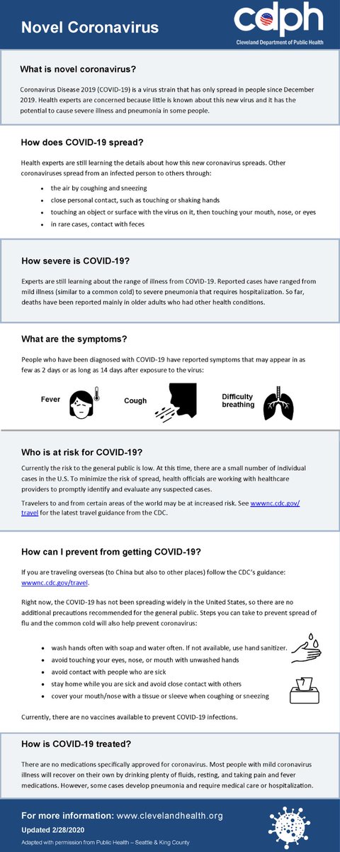 Tips for how to prep for the possibility of COVID-19 in #CLE:
- Wash your hands often and steer clear of sick people
- Stock up on supplies, medicine and resources (face masks only prevent spread from those already sick)
NOTE: There are no known cases in Ohio

<a href="/CityofCleveland/">City of Cleveland</a>