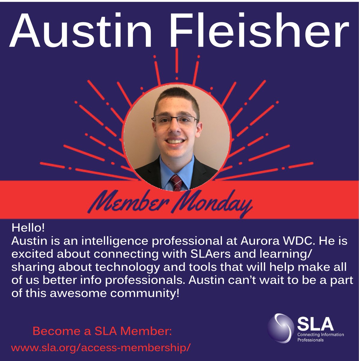 SLAhq's tweet photo. It's the first Member Monday of March! Join us in welcoming Austin to the SLA Community. 
Join SLA's vibrant community today &amp; take advantage of opportunities to grow your network, develop your skillset, &amp; advance your career. #MemberMonday #SLA #SLAer https://t.co/KTq5RzAf5b https://t.co/qCT7UjKU7t