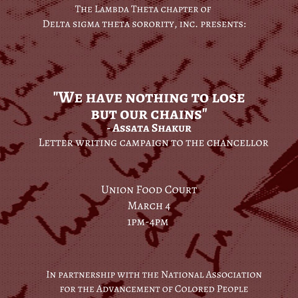 Join us as we partner with the Lambda Theta Chapter of Delta Sigma Theta Sorority, Inc. in hopes to have our voices heard on this campus. Be the change you want to see in yourself and around others. You can find us tomorrow in the Union Food Court from 1-4 PM!