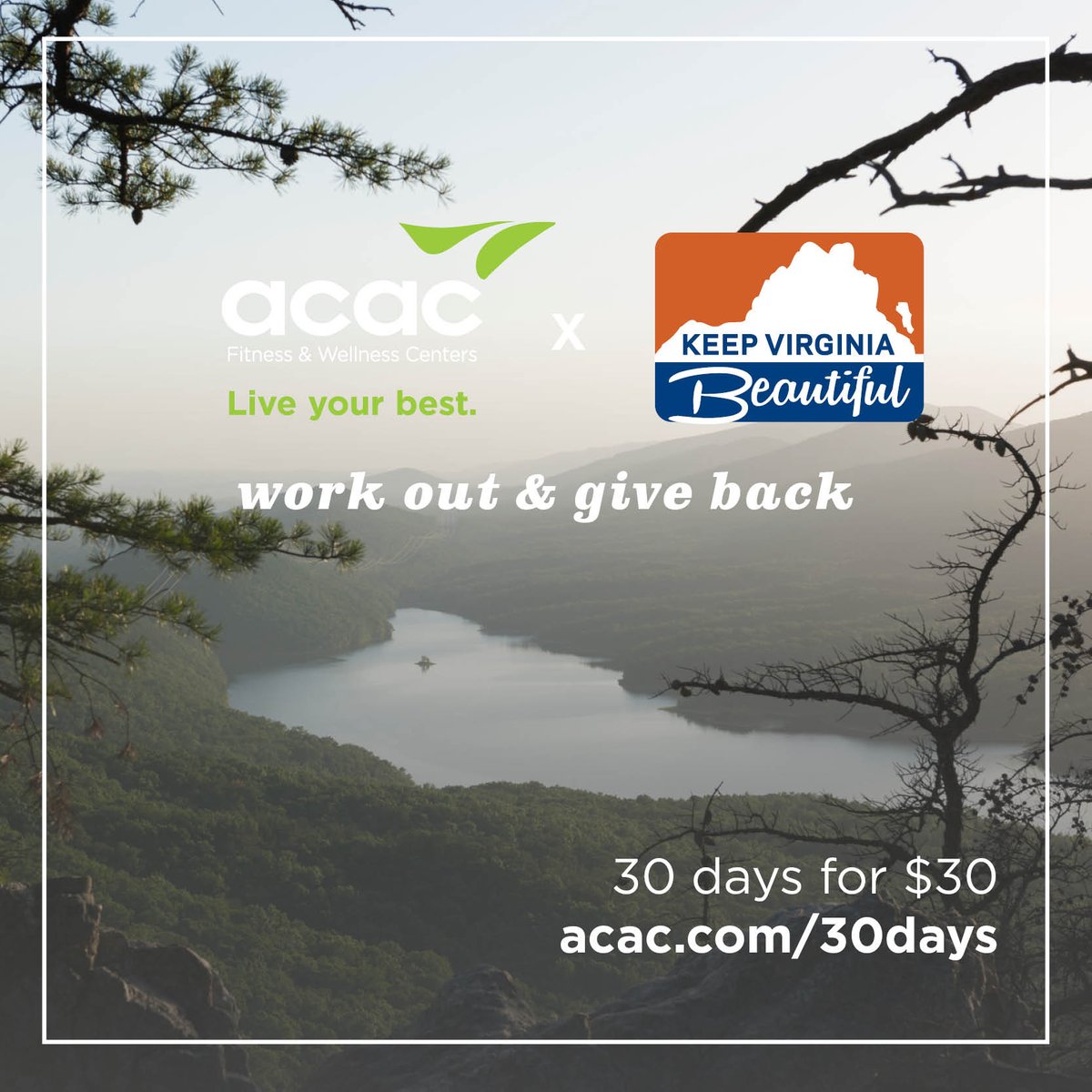 ACAC Midlothian is proud to support <a href="/KeepVABeautiful/">Keep VA Beautiful</a> for our 30 Days for $30 this March! Purchase a 30 day pass to ACAC for $30 and EVERY DOLLAR will be donated to Keep Virginia Beautiful. Must activate by 3/31/2020. 
Learn more or purchase your pass at: acac.com/30days/