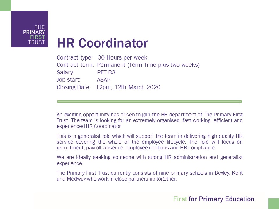 Primary1stTrust's tweet image. We are looking for a HR Coordinator.  Do you have HR experience?  Are you looking for a new challenge?  Come and join us!   #First4 #hrjobs #hr 
theprimaryfirsttrust.co.uk/hr-coordinator…
