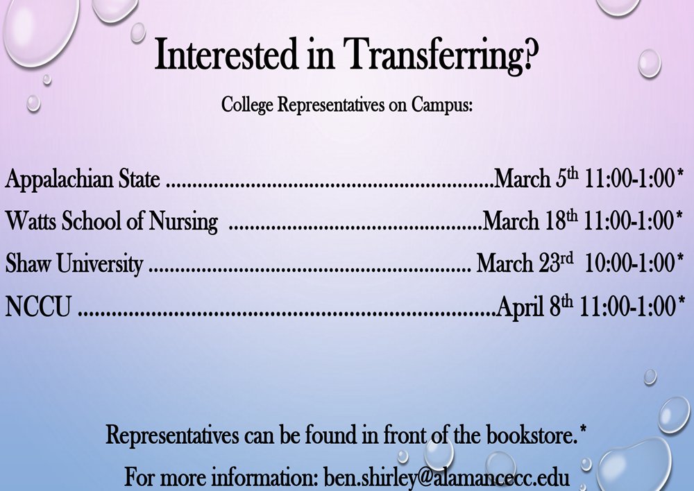 AlamanceCC's tweet image. Interested in transferring?  See the March schedule for College reps on ACC campus. #AssociateToBachelor #CollegeTransfer #UniversityTransfer #AppState #WattsSchoolofNursing #ShawU #NCCU