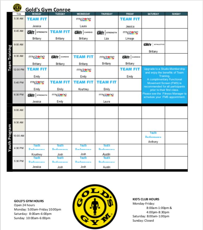 GoldsConroe's tweet photo. 🍀March schedule is here!🍀 

And guess what?! We've got some new classes! 
- Group Cycling class on Tues/Thurs @ 5:30pm 🚴  
- Team Fit class every Wednesday @ 5:45pm! 🏋️‍♀️ https://t.co/pY8PB9SzMe