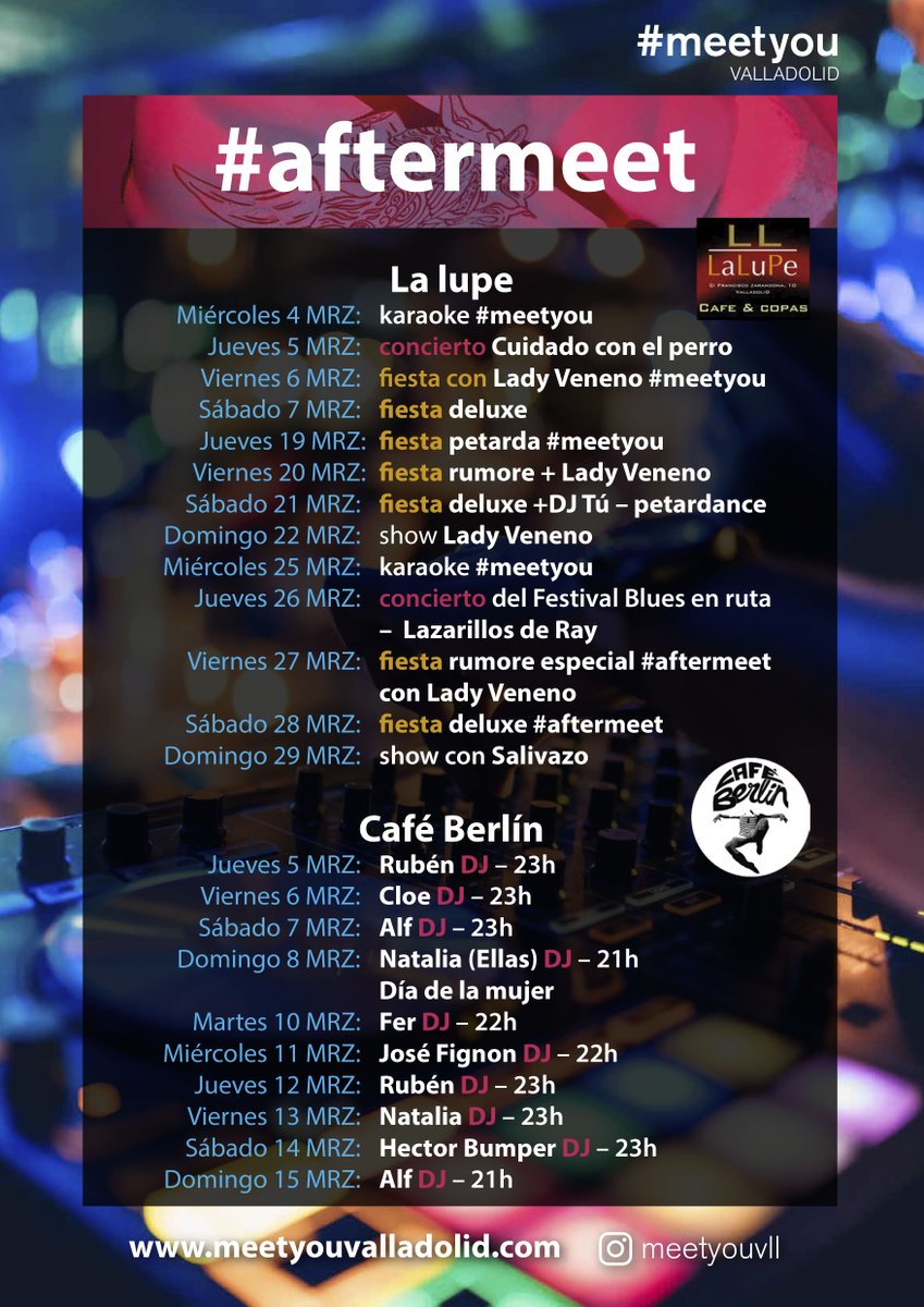 TCalderonVLL's tweet photo. Después de los #espectáculos del #MeetYou2020 💛, ¡la fiesta continúa en el #CaféBerlín y en @Lalupebarpucela con los planes más gamberros! 😝 #AfterMeet https://t.co/JgFAvpN1Aj