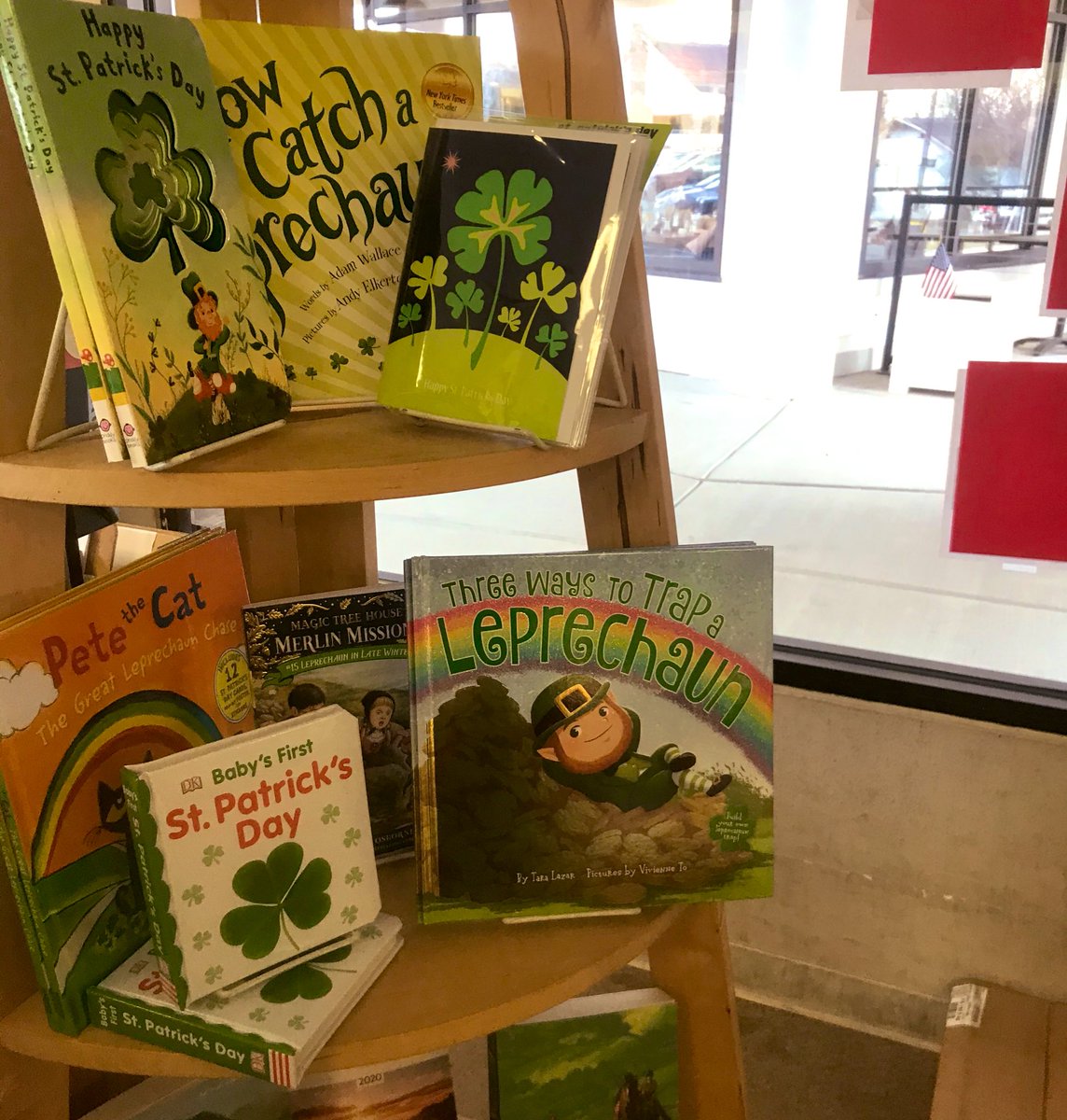 Spotted at my local indie @NewtownBookshop: terrific books for #StPatricksDay, including the new #stemread Three Ways To Trap A Leprechaun by @taralazar and Vivienne To! #kidlitwomen #stem #makers #leprechauntrap