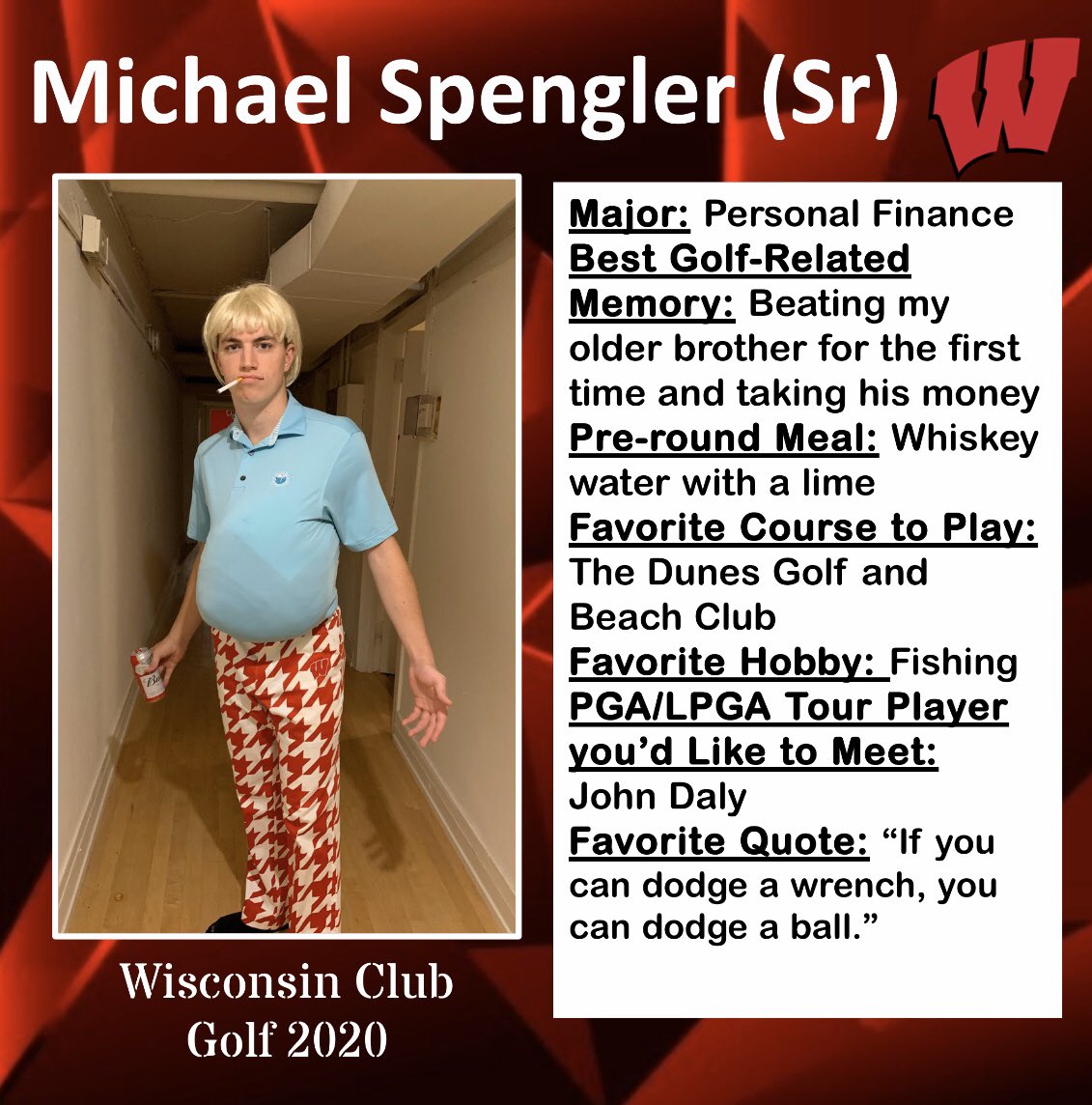 ClubgolfUW's tweet photo. Week 4. Member spotlight. Michael Spengler. His photo says it all. #hitithard #uwclubgolf https://t.co/CuzQZeVFBi