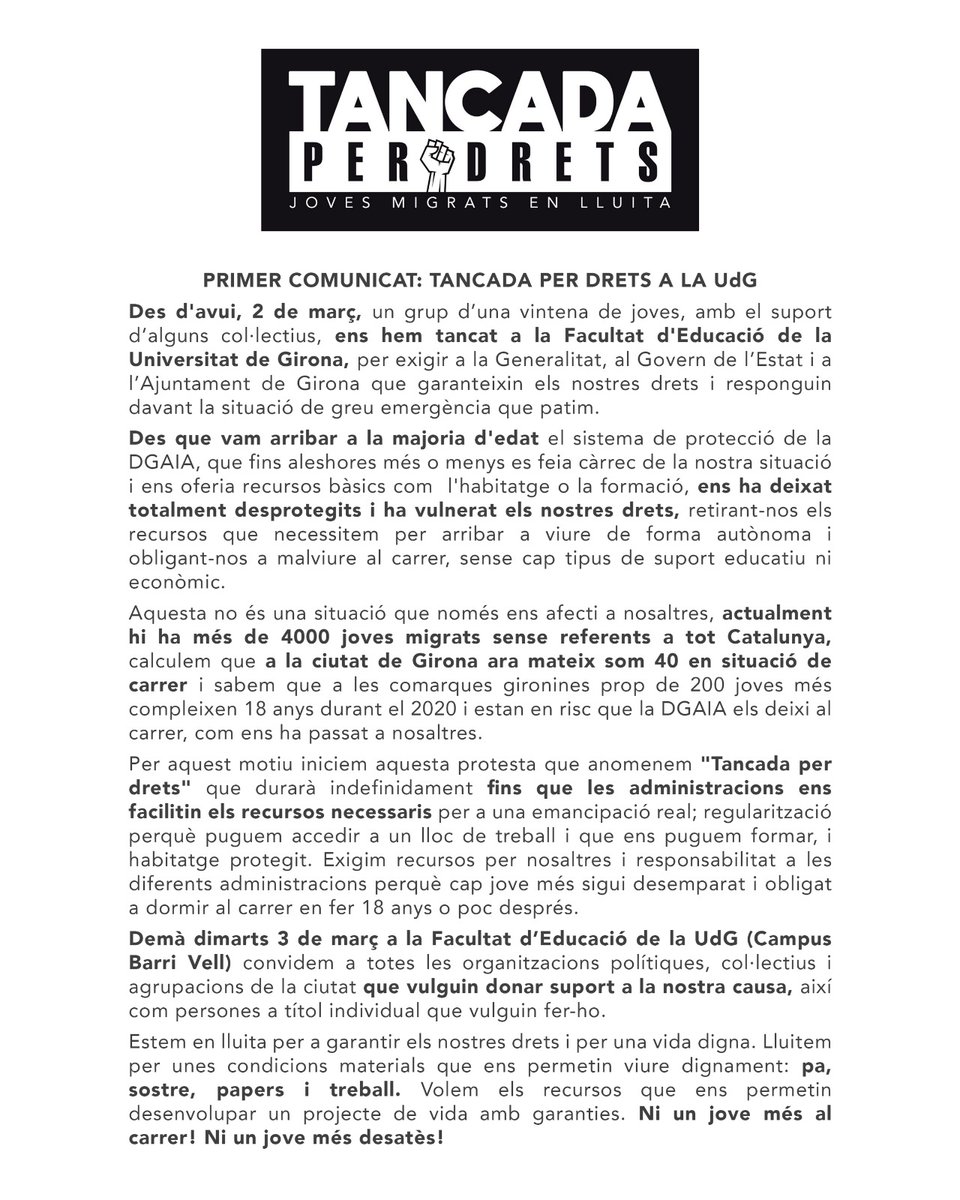 TancadaXdretsGi's tweet photo. 🛑 Acabem de tancar-nos a la @UdGEducacioPsic de la @UdG per reclamar pa, sostre, papers i treball i pq mai més la DGAIA d @govern deixi cap més jove al carrer.

➡️ Demà 3/03 a les 18h us esperem pq vingueu a donar suport a la Tancada de joves migrants en lluita. #TancadaXdretsGi https://t.co/FXcmZvUO7m