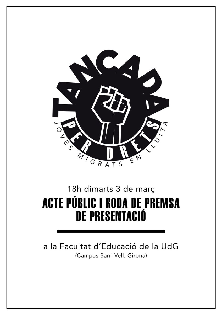 TancadaXdretsGi's tweet photo. 🛑 Acabem de tancar-nos a la @UdGEducacioPsic de la @UdG per reclamar pa, sostre, papers i treball i pq mai més la DGAIA d @govern deixi cap més jove al carrer.

➡️ Demà 3/03 a les 18h us esperem pq vingueu a donar suport a la Tancada de joves migrants en lluita. #TancadaXdretsGi https://t.co/FXcmZvUO7m