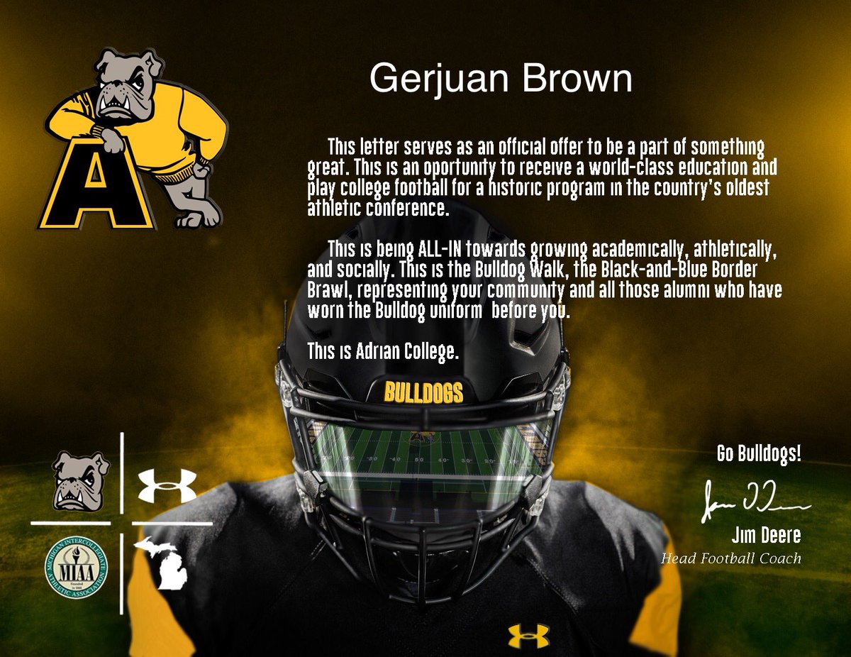 BrownGerjuan's tweet photo. Truly blessed and honored to receive an offer from Adrian College💛🖤 @AdrianCollegeFB @CoachDHelms @OHSKnightsFB https://t.co/2i4ohfigb7