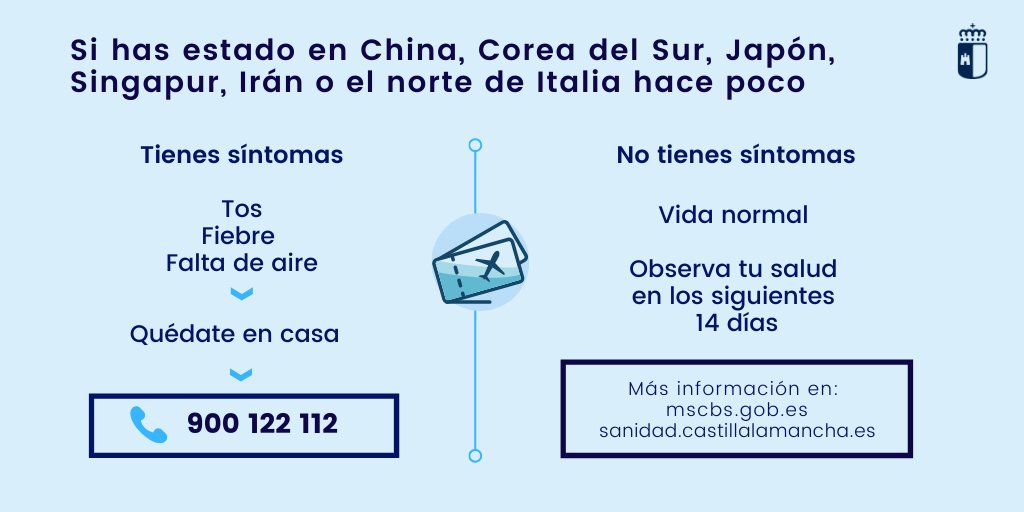 ✈️Si has viajado hace poco a estos países y tienes algún síntoma: 

🔹Tos
🔹Fiebre
🔹Falta de aire

📱Ponte en contacto con el 900 122 112