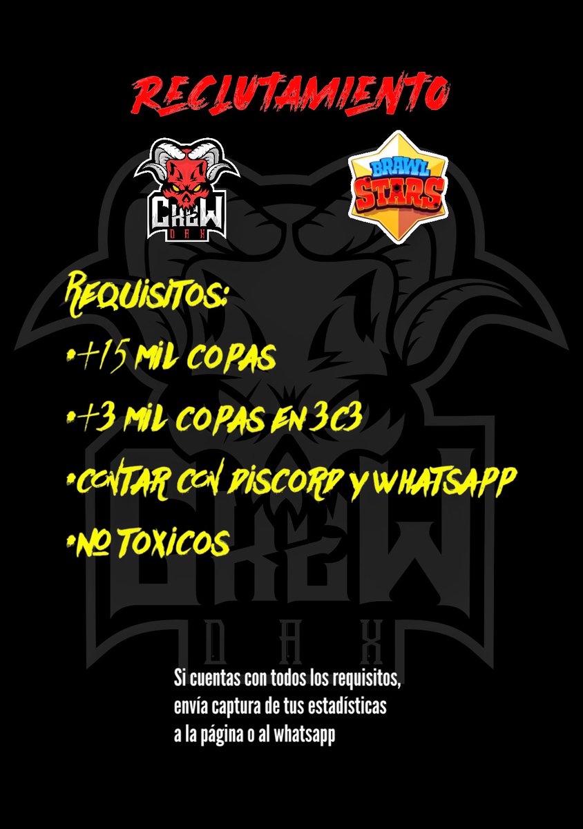 Buscamos nuevo talento!
Si quieres unirte a nuestras filas demoniacas, solo envía un md o mensaje a nuestro whatsapp con tus estadísticas y nosotros agendamos tu día de prueba, unete a esta infernal familia!

Whatsapp: wa.me/5212299096908