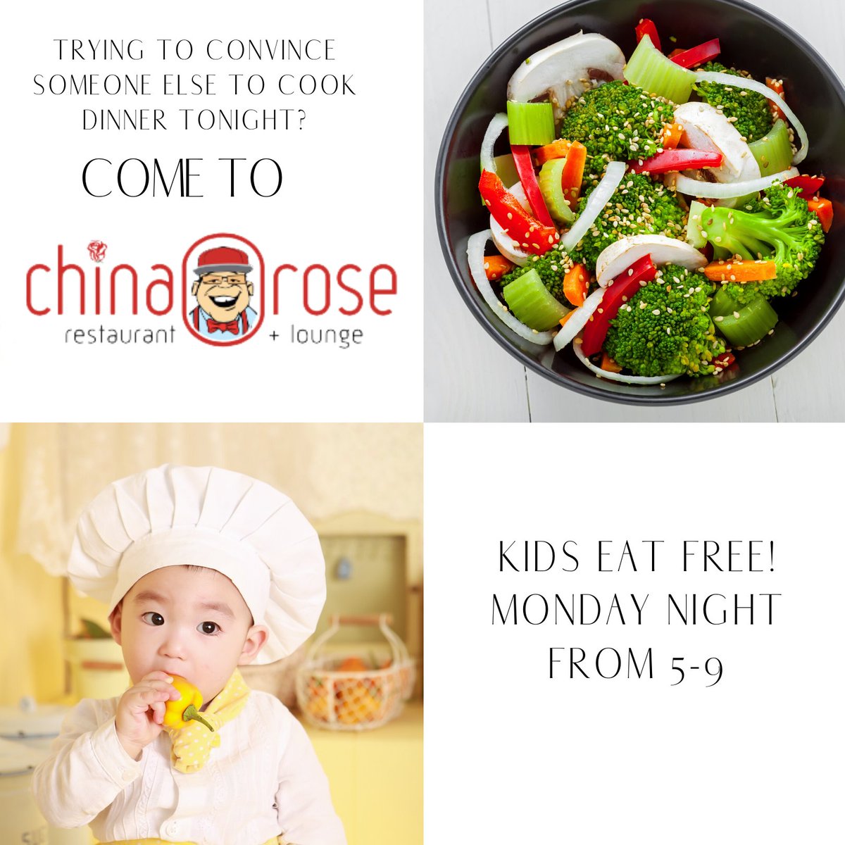 On Monday Night Kids Eat Free from 5-9! 

#ChinaRoseYYC #chinesefood #yyceats  #bestchinesefoodinyyc #calgary #calgaryeats #yyc #yyclocal #yyclife #yycfood #yycbusiness #yycrestaurants #yycfoodies #yyctoday #yycfamily #yycliving #yyc #yycbuzz