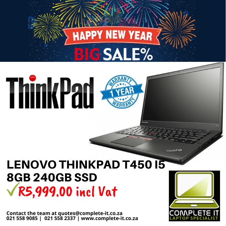 CompleteITCT's tweet image. LENOVO THINKPAD T450 I5 8GB 240GB SSD R5,999.  Includes one year warranty.  
For specs visit our website. bit.ly/39NmkFm

Don't buy new - buy refurbished and get more for your money.  
#completeit #refurbishedlaptops #completecomputersolutions