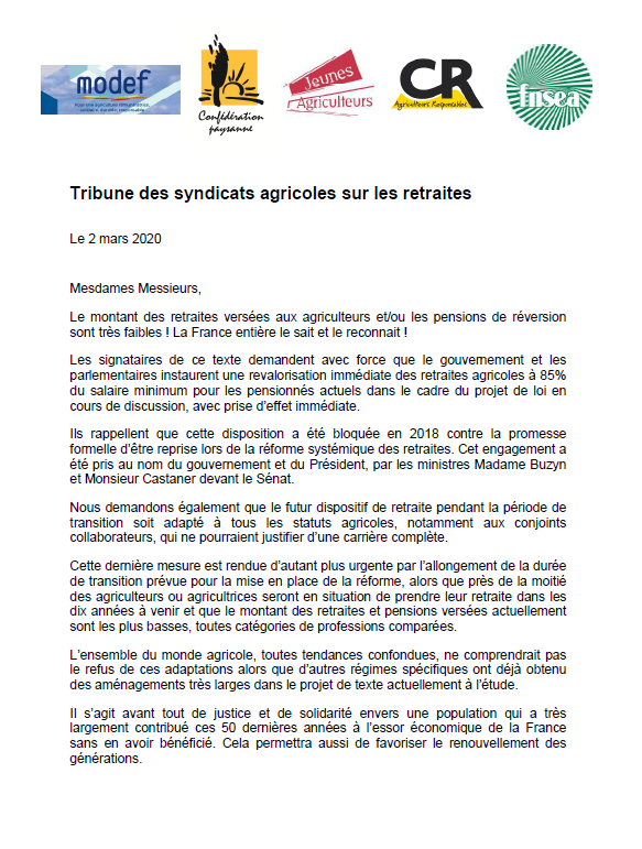 JeunesAgri's tweet photo. [#tribune] @ConfPaysanne @coordinationrur @FNSEA @JeunesAgri @ModefNational signent communément une tribune pour une revalorisation immédiate des #retraites agricoles à 85% du salaire minimum pour les pensionnés actuels
Accessible ici 👇
https://t.co/jH89seE1Dj https://t.co/rlIs0mmJsk