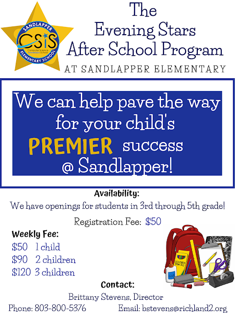 SEstarsR2's tweet photo. Attention Sandlapper Parents of a 3rd, 4th or 5th grader! Are you in need of an after school program for your child? Look no further! Evening Stars ould love for your shining star to join. Please contact Brittany Stevens, at bstevens@richland2.org for more info! https://t.co/YZNuwpU8np