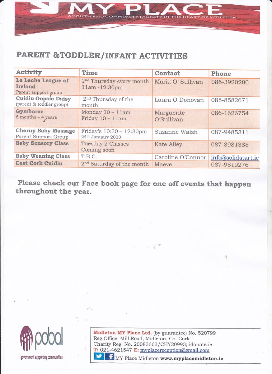MyPlaceMidleton's tweet image. Updated list of activities which take place here in My Place. Please phone the relevant phone numbers for any info. 02/03/2020