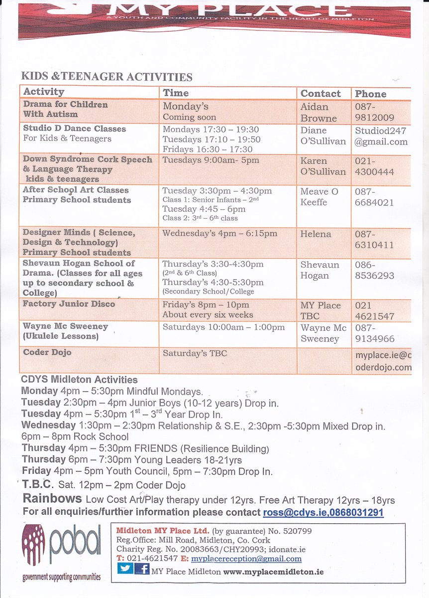 MyPlaceMidleton's tweet image. Updated list of activities which take place here in My Place. Please phone the relevant phone numbers for any info. 02/03/2020