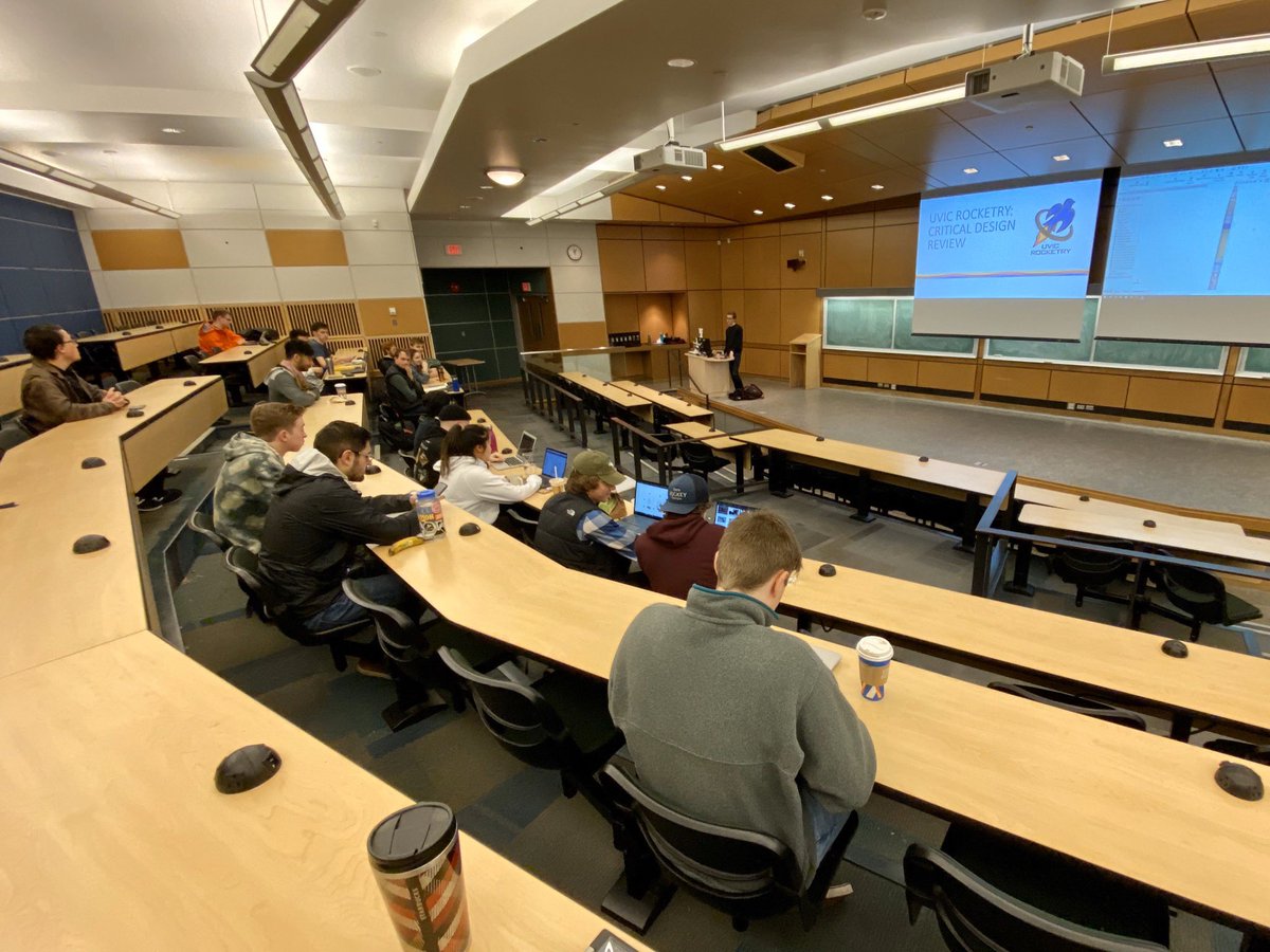 UVicRocketry's tweet photo. This past weekend, we held our Critical Design Review (perhaps our best one yet)! 

This marks the end of the main design phase. We now move into small design iterations, more extensive verification testing, and full scale manufacturing. 

Thank you to everyone that came out! 🚀 https://t.co/wzFYMxX1ms