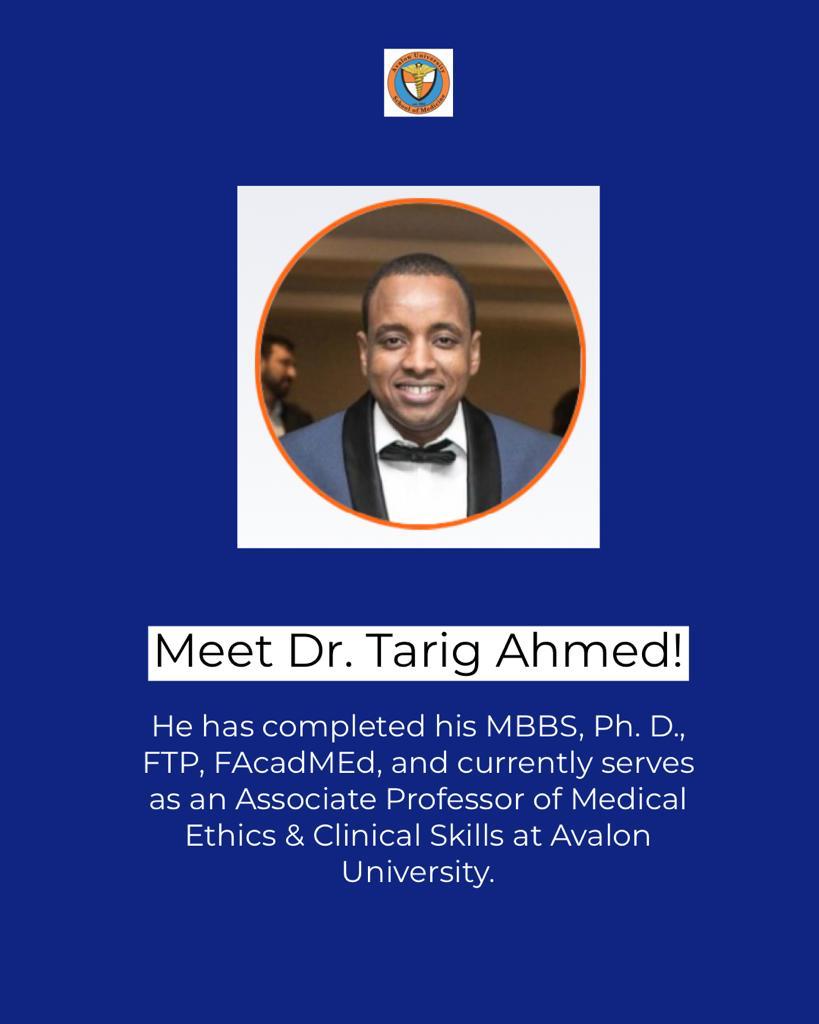 AvalonCuracao's tweet photo. Meet Dr. Tarig Ahmed!

He has completed his MBBS, Ph. D., FTP, FAcadMEd, and currently serves as an Associate Professor of Medical Ethics &amp; Clinical Skills at Avalon University. To know more about him see: https://t.co/tFMRglIvy1

#avalonuniversity #studies #mondaymotivation https://t.co/141ANGoQw8