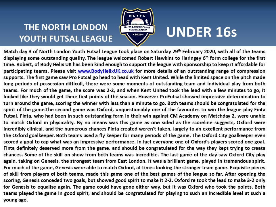 North London Youth Futsal League (@londonfutsal) on Twitter photo A quick review of Match day 3. Thanks to @ProFutsalA @FutsalKent <a href="/FintaFutsal/">Finta Futsal</a> <a href="/GenesisFutsal/">Genesis Futsal Club 🔴⚪️</a> <a href="/futsalparents/">Oxford Lions youth Futsal</a> <a href="/lions_oxford/">Oxford City Futsal</a> for your participation. A quick review of Match day 3. Thanks to @ProFutsalA @FutsalKent <a href="/FintaFutsal/">Finta Futsal</a> <a href="/GenesisFutsal/">Genesis Futsal Club 🔴⚪️</a> <a href="/futsalparents/">Oxford Lions youth Futsal</a> <a href="/lions_oxford/">Oxford City Futsal</a> for your participation.