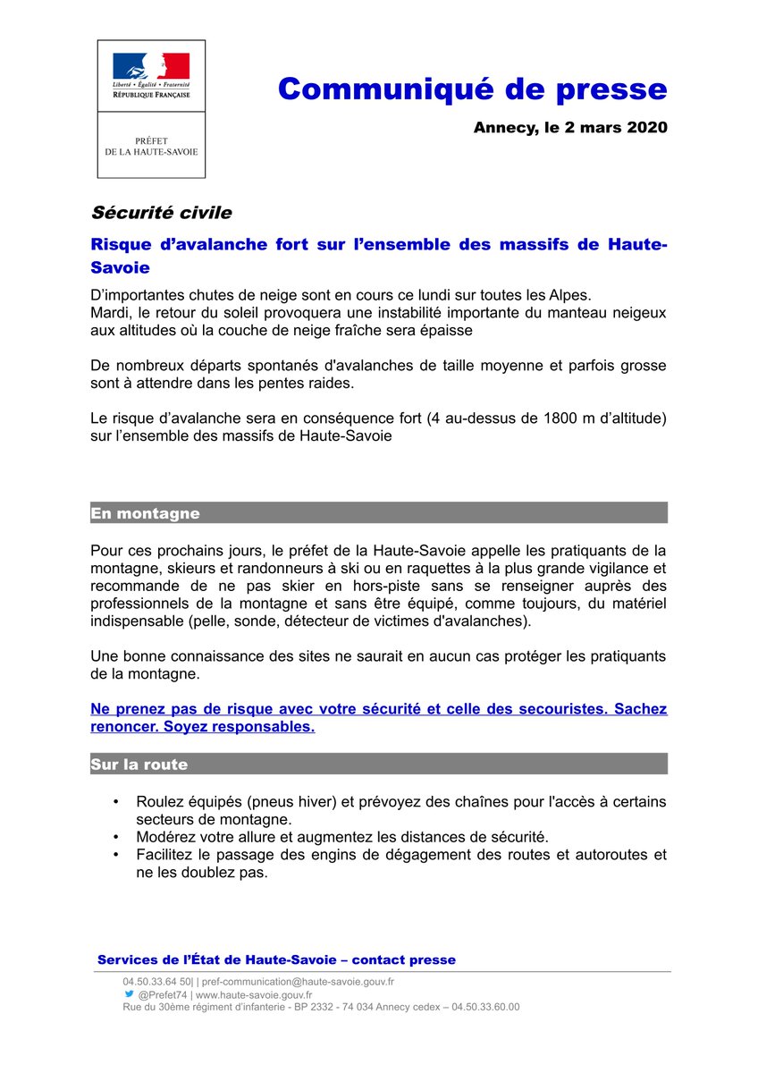 En raison des quantités importantes de neige tombées sur l'ensemble des massifs de #HauteSavoie aujourd'hui et du beau temps annoncé demain, le manteau neigeux sera très instable. Le risque d'avalanche est fort(4/5 au-delà de 1800 mètres)Pratiquants de la montagne, soyez prudents