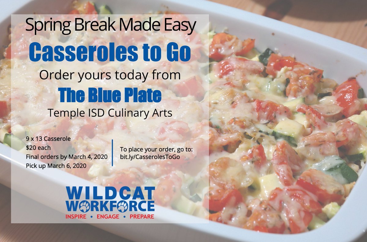 DeniseAyres13's tweet photo. Take a load off and support your #WildcatWorkforce chefs! Let #TheBluePlate do the cooking for you this Spring Break. Order your Casserole to Go today! #ChaseGreatness https://t.co/mrqEVvUlCL