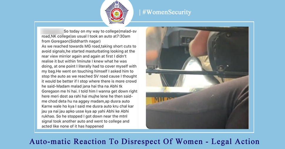 MumbaiPolice's tweet photo. A tweet is all it took for Goregaon police to swing into action. An auto rickshaw driver seen sexually harassing a college student in a video she shot, is now under arrest &amp; awaits a much deserved ride on the course of law #WomenSecurity https://t.co/Lf1eTrCgoG