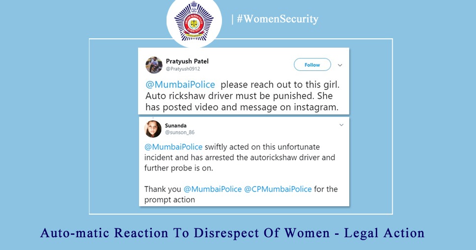 MumbaiPolice's tweet photo. A tweet is all it took for Goregaon police to swing into action. An auto rickshaw driver seen sexually harassing a college student in a video she shot, is now under arrest &amp; awaits a much deserved ride on the course of law #WomenSecurity https://t.co/Lf1eTrCgoG
