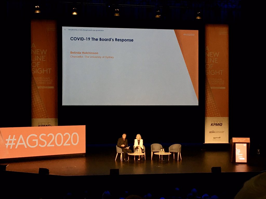 The overwhelming message from Belinda Hutchinson <a href="/Sydney_Uni/">University of Sydney</a> regarding the board’s response to #COVIDー19  ➡️ Communication is key 🔑🗣
‘Be open, upfront and transparent in an empathetic way’ #AGS2020