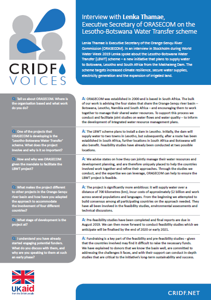 In a new publication series – #CRIDF Voices - Lenka Thamae of ORASECOM discusses the potential of the new Lesotho-Botswana Water Transfer scheme which targets more secure #electricity &amp; #water supplies and an expansion of irrigated land.  cridf.net/RC/publication…