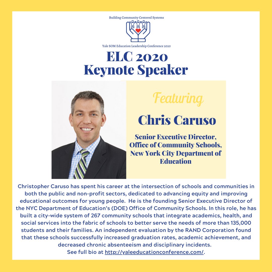 We will be welcoming <a href="/ccaruso1/">Chris Caruso</a>, Senior Executive Director, Office of #CommunitySchools <a href="/NYCSchools/">NYC Public Schools</a> as a Keynote Speaker at #2020ELC! Visit yaleeducationconference.com to get your tickets today! #education #schools