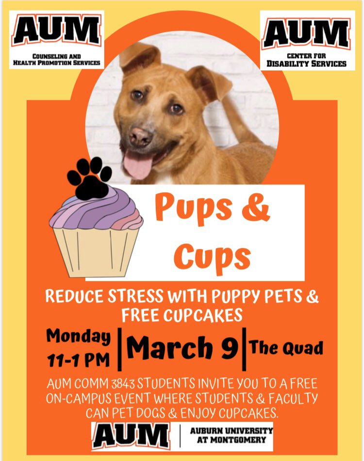 Stressed out this semester? Relieve some stress with pups and cupcakes! COMM 3843 students are hosting this FREE event next Monday! Who’s in? Comment below if you plan to be there ✨😀 #AUM #studentinvolvement