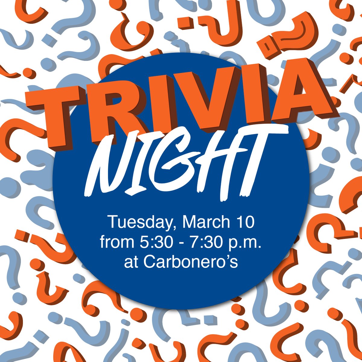 SHSU Staff Council would like to invite staff to our 1st TRIVIA NIGHT on Tuesday, March 10th from 5:30 –7:30pm at Carbonero's. After a day of presentations and guest speakers at PDC, join us for a fun evening of trivia! Contact your SC rep for more info! Seating is limited. #SHSU